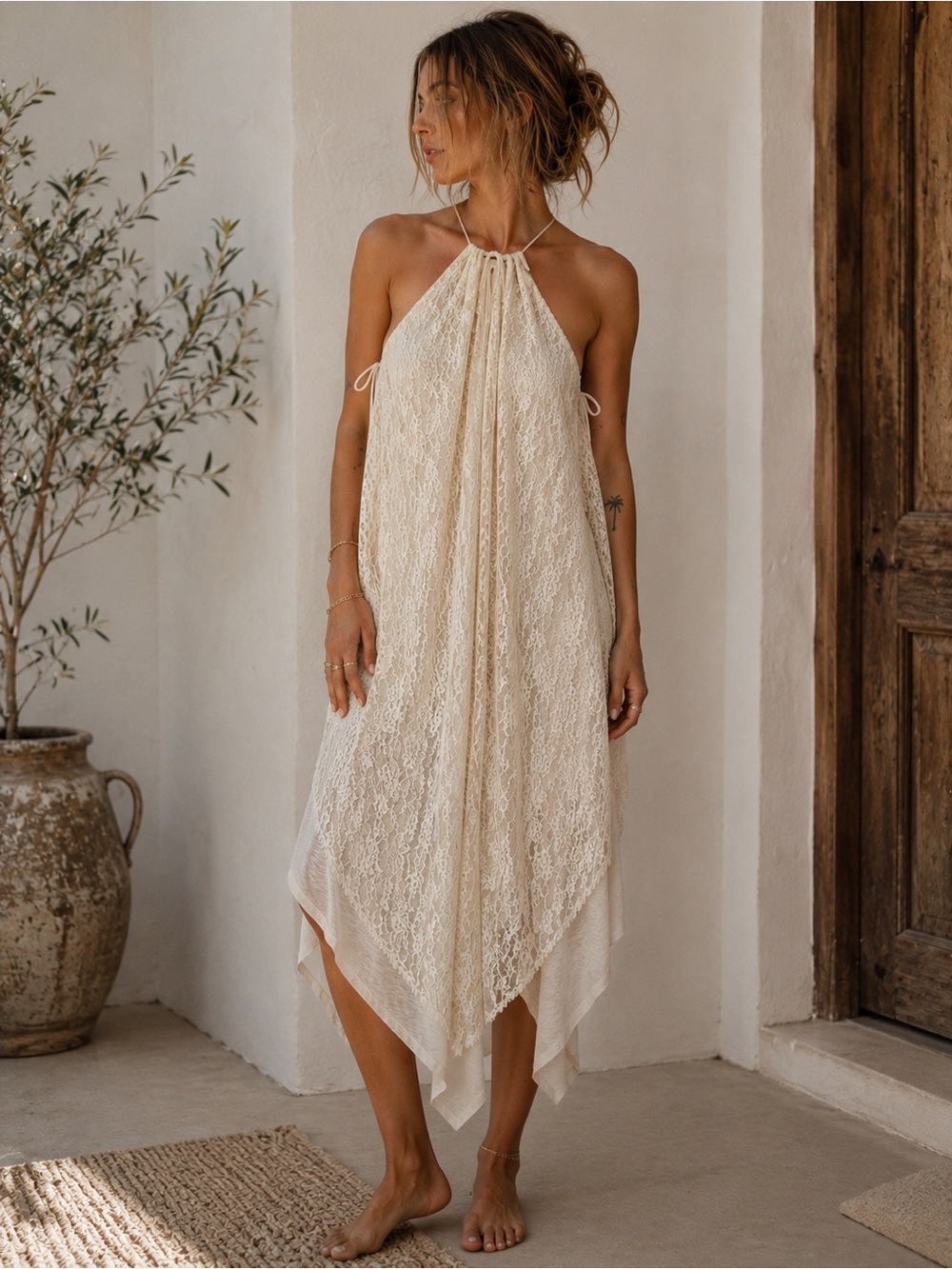 Free People Cream Lace Halter Handkerchief Dress